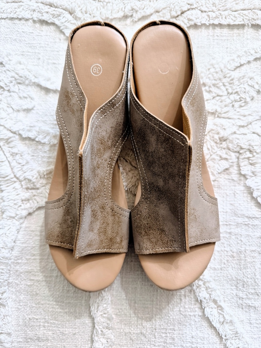 Taupe Cork Wedge Platform Slide Sandals Studded Cutout EU 39
